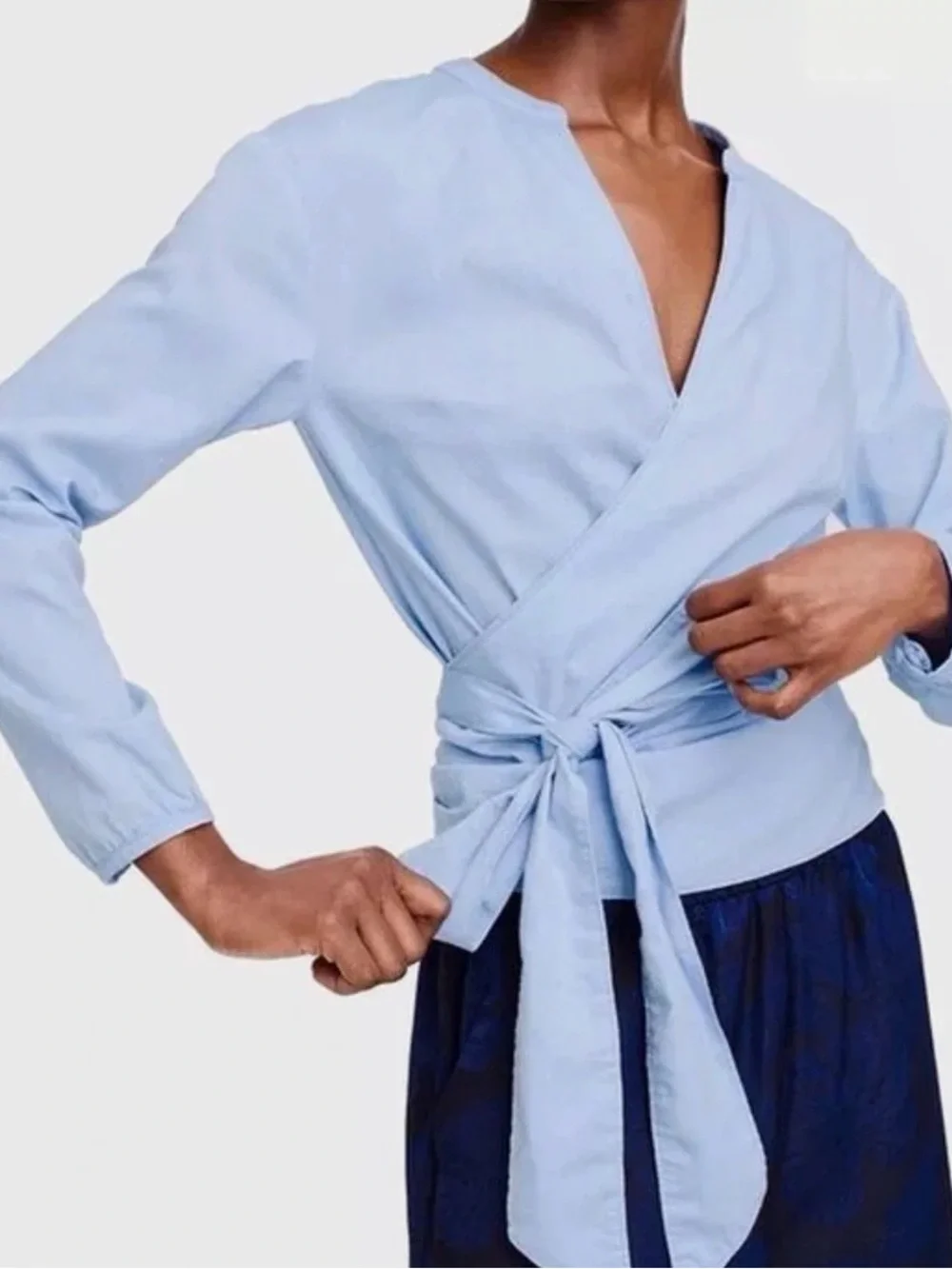 J. Crew Sarah Wrap Top Oxford Powder Blue Long Sleeve Blouse Surplice Medium